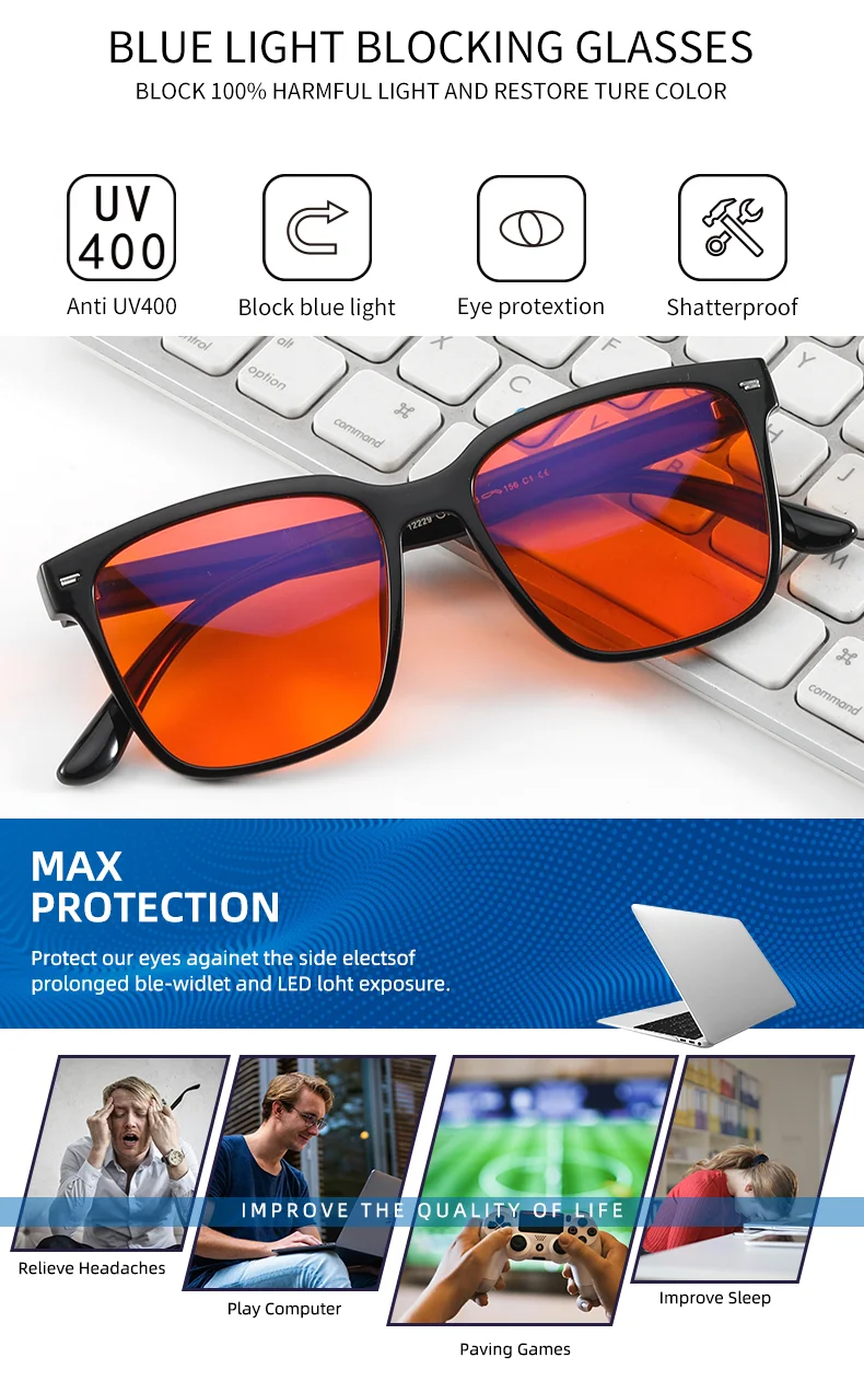  TR90 Wholesale Clear TR90 Square Bluelight Red Eyewear Anti Blue Light Computer Gaming Orange Eyeglasses Blue Light Blocking Glasses - Details 1