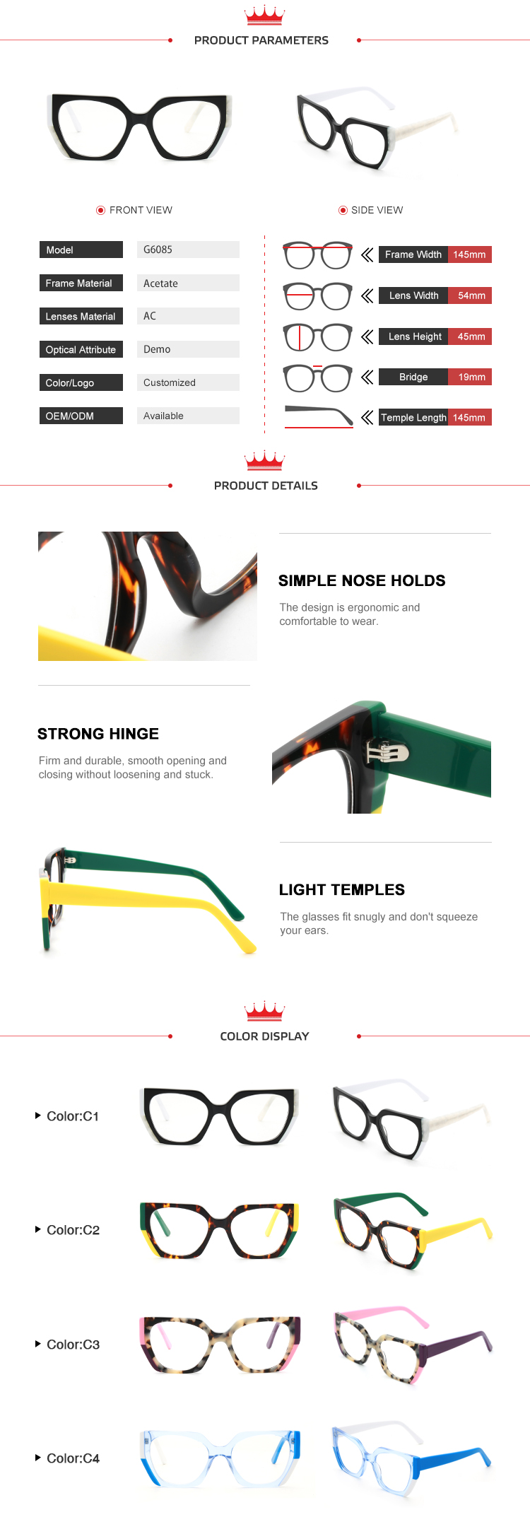 New High Quality Square Frame Acetate Optical Glasses for Men Women Fashion Colored Frame Custom Logo Wholesale Details and Specifications