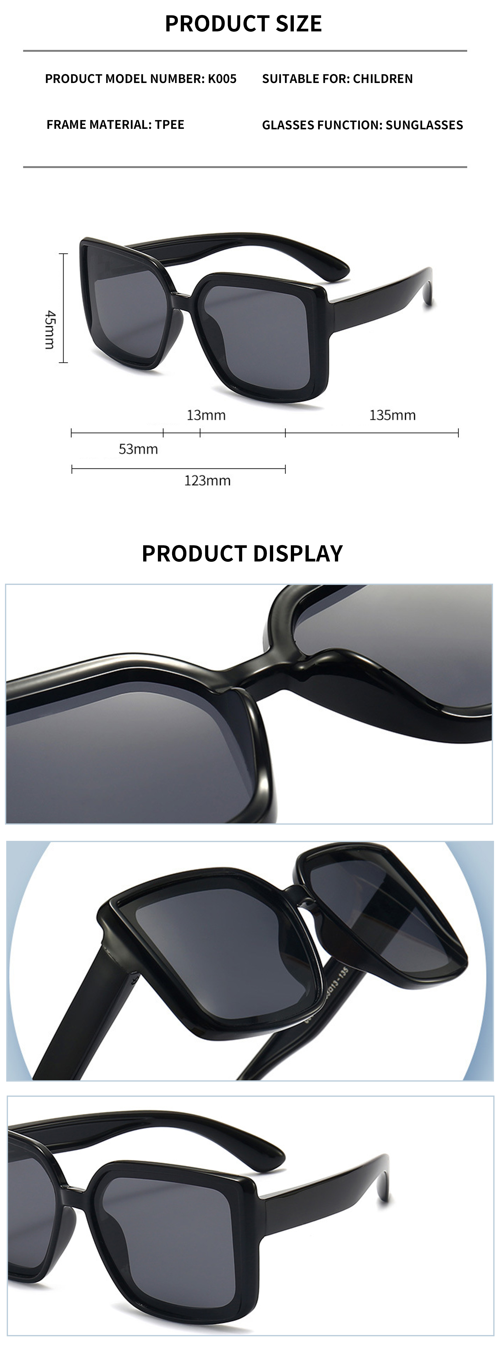Hot Selling Girls Boys Big Frame Sunglasses Designer Customize Polarized Square Oversized Kids Sunglasses - Details 2
