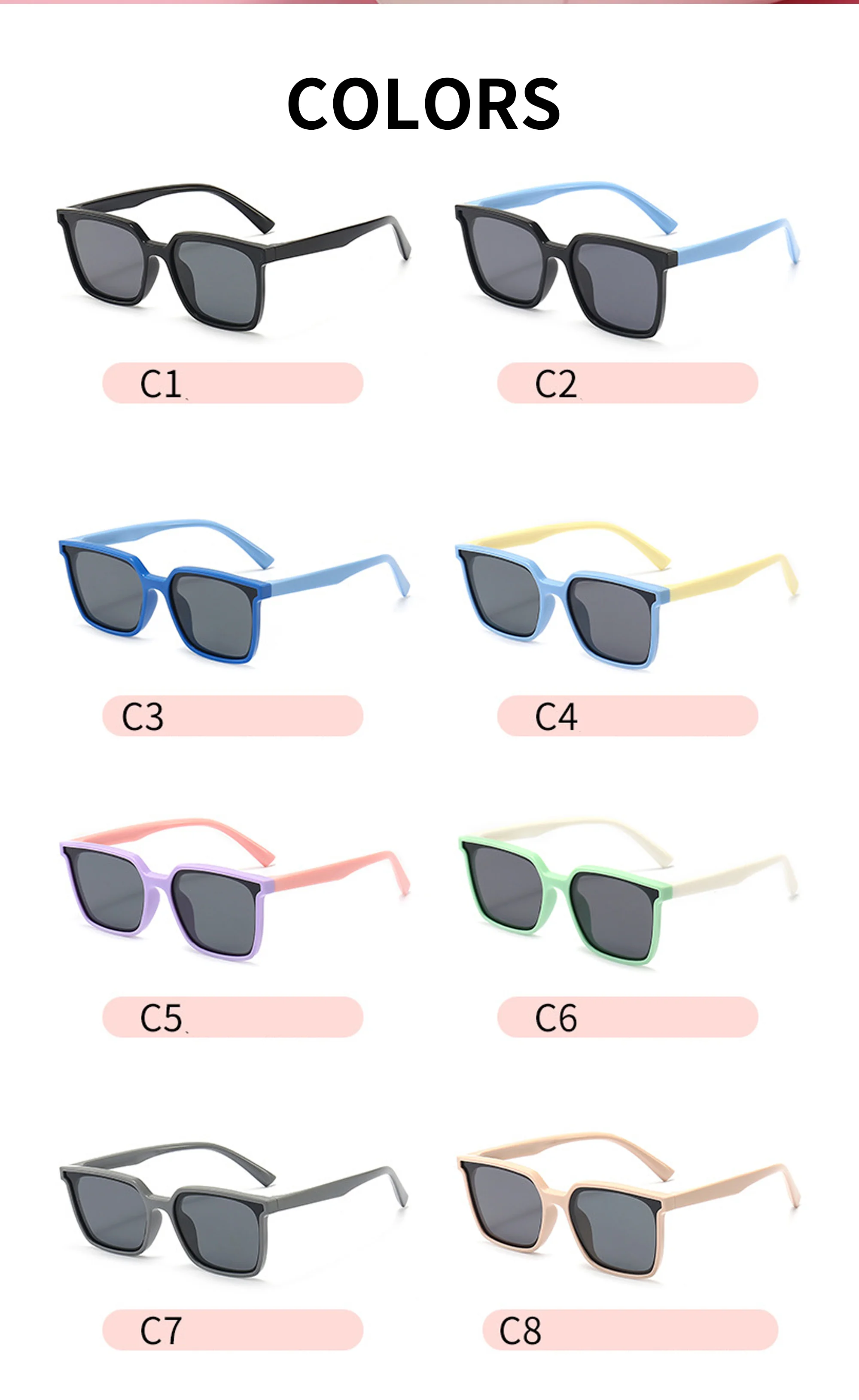  SILICONE TPEE High Quality Square Shape Girls Boys Kids 8 Colors Uv400 Sunglasses Oversize Vintage Fashion Designer Baby Sunglasses - Details 2