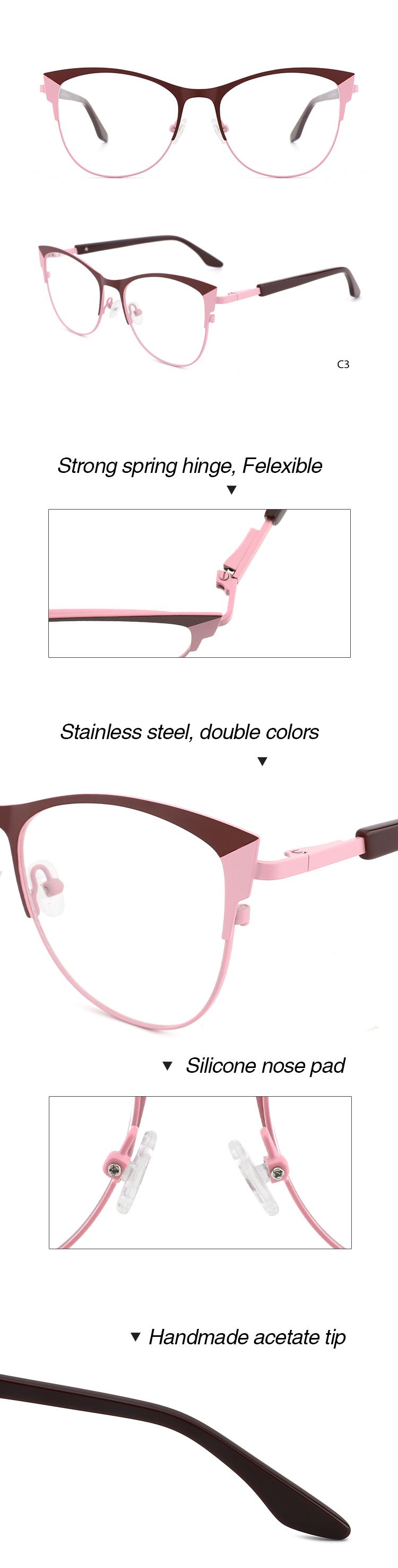 Glitter pink Women Cat Eye Optical Eyeglasses Frames Metal Eyewear Delicate Blue Light Blocking Glasses Computer Details and Specifications