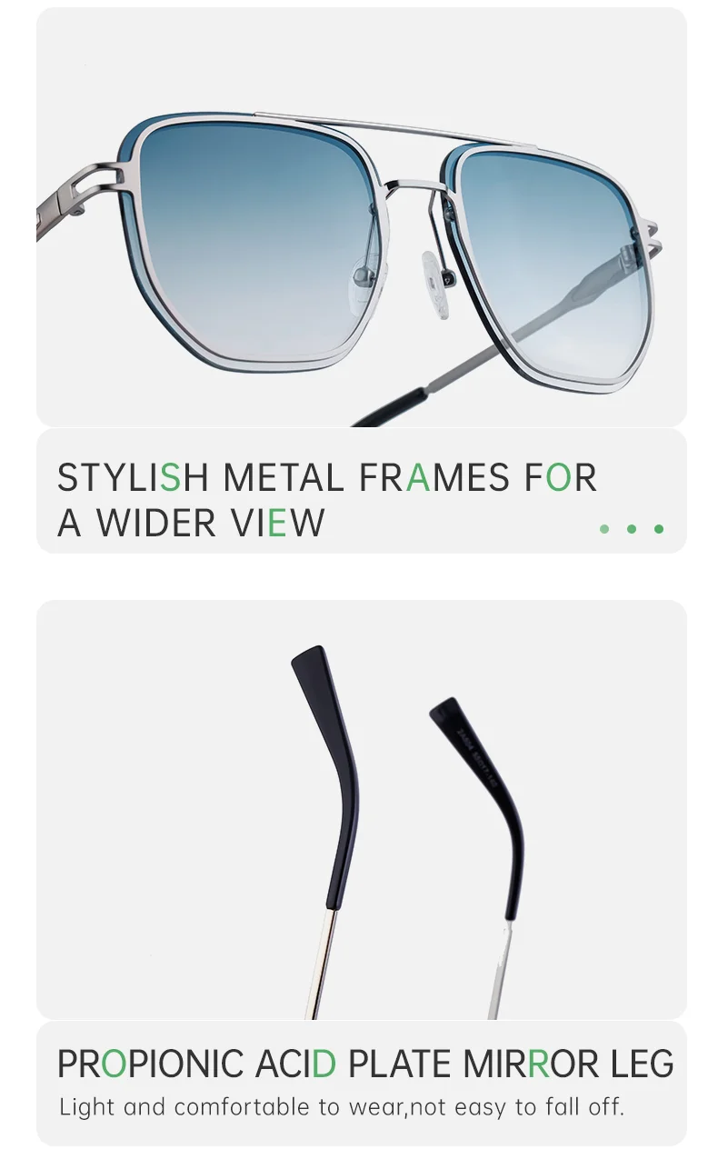 Blue, Green, Brown, Gray, Black, Silver  Partagas Wholesale Fashion Trendy Designer Metal Square Frame Double Bridge UV400 Shades Sun Glasses Sunglasses for Men - Details 7