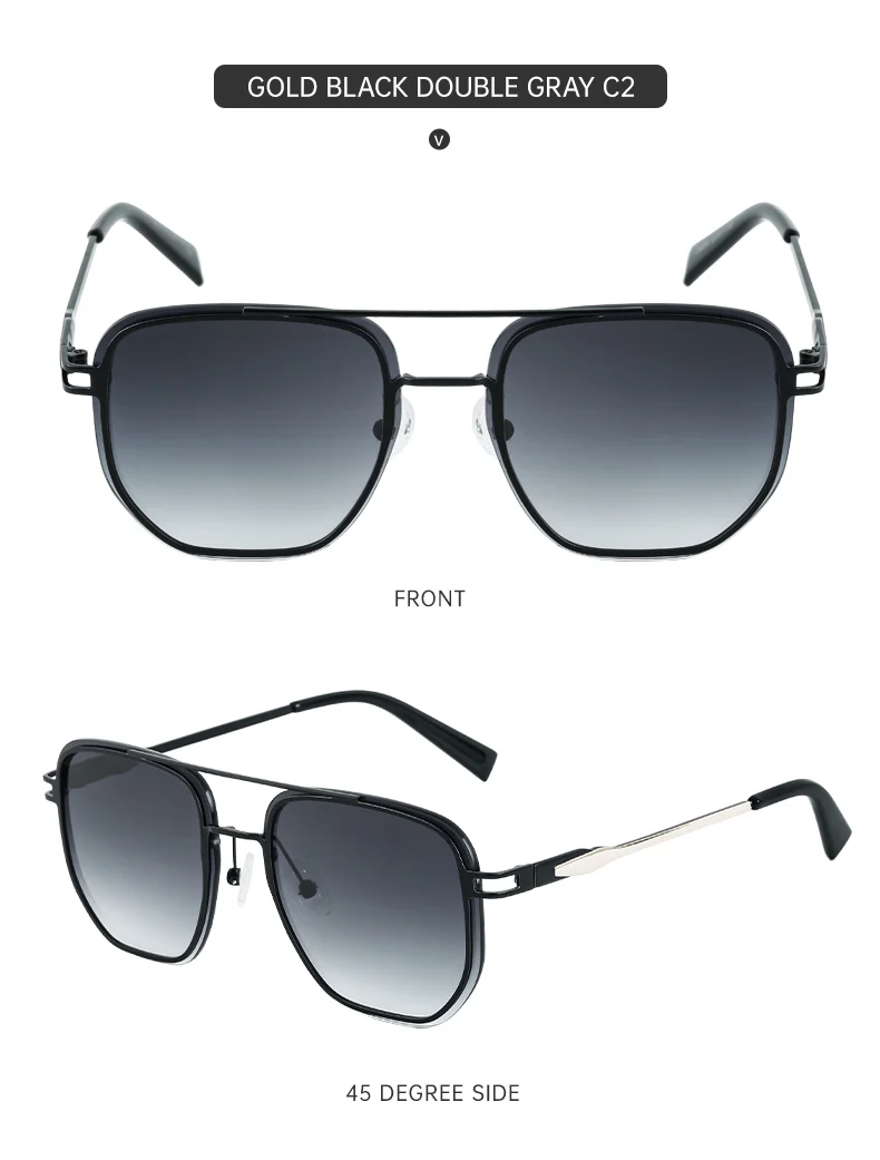 Blue, Green, Brown, Gray, Black, Silver  Partagas Wholesale Fashion Trendy Designer Metal Square Frame Double Bridge UV400 Shades Sun Glasses Sunglasses for Men - Details 12