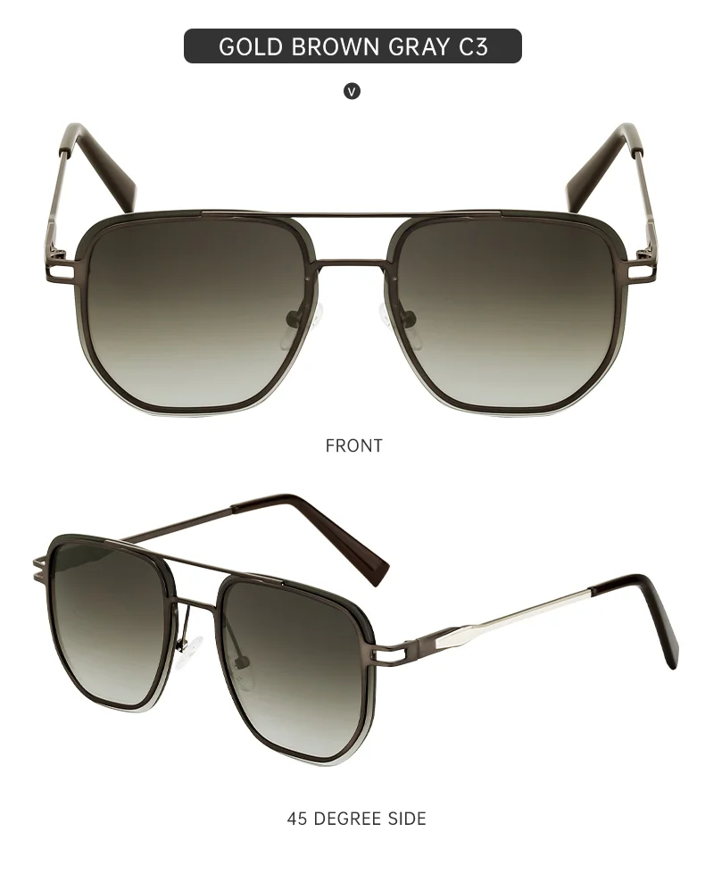 Blue, Green, Brown, Gray, Black, Silver  Partagas Wholesale Fashion Trendy Designer Metal Square Frame Double Bridge UV400 Shades Sun Glasses Sunglasses for Men - Details 13