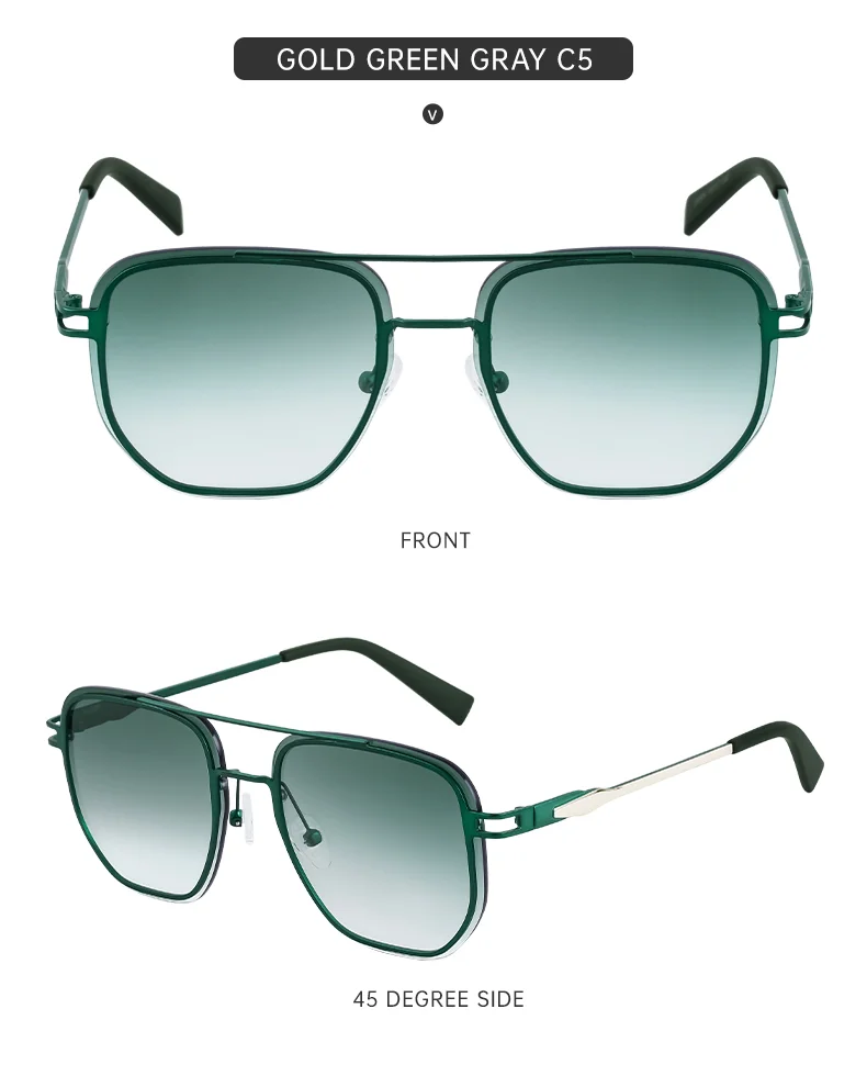 Blue, Green, Brown, Gray, Black, Silver  Partagas Wholesale Fashion Trendy Designer Metal Square Frame Double Bridge UV400 Shades Sun Glasses Sunglasses for Men - Details 15