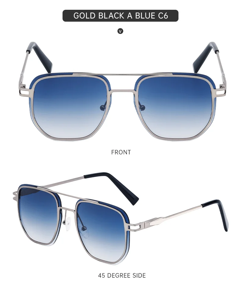 Blue, Green, Brown, Gray, Black, Silver Partagas Wholesale Fashion Trendy Designer Metal Square Frame Double Bridge UV400 Shades Sun Glasses Sunglasses for Men - Details 16