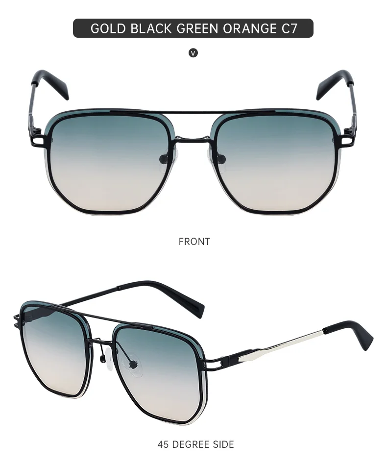 Blue, Green, Brown, Gray, Black, Silver  Partagas Wholesale Fashion Trendy Designer Metal Square Frame Double Bridge UV400 Shades Sun Glasses Sunglasses for Men - Details 17