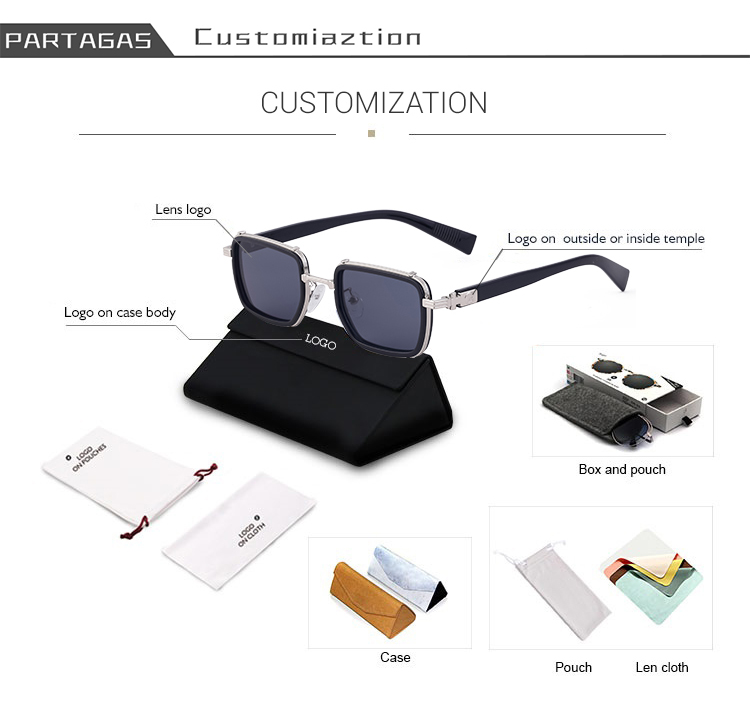 Blue, Green, Brown, Gray, Black, Silver Partagas Wholesale Fashion Trendy Designer Metal Square Frame Double Bridge UV400 Shades Sun Glasses Sunglasses for Men - Details 23