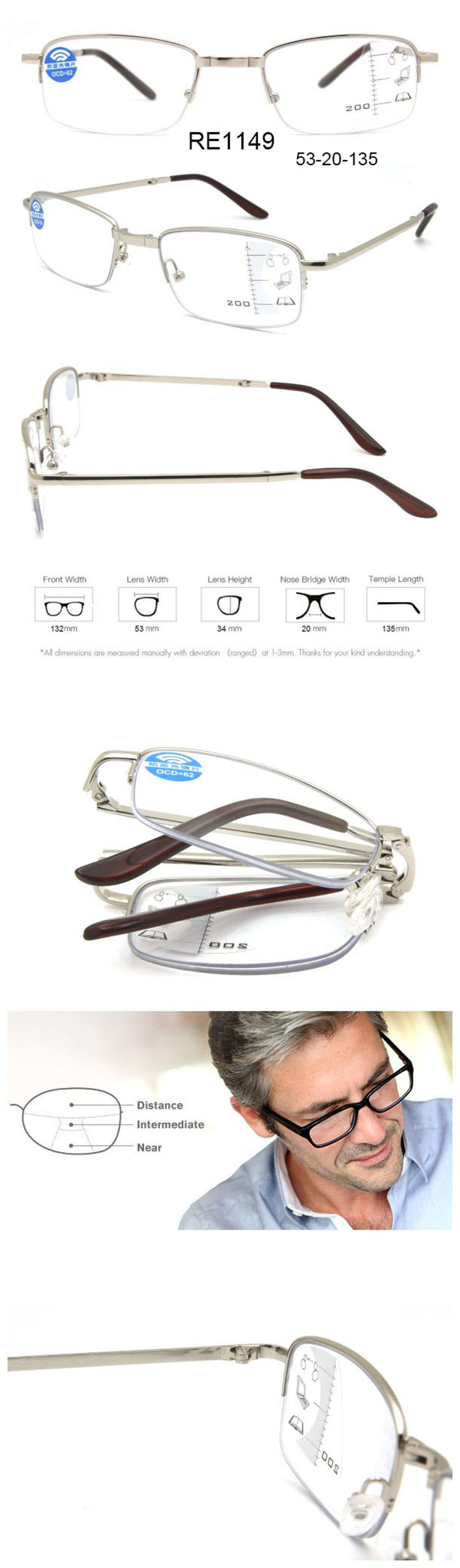 Men's Half-Rim Progressive Multifocal Reading Glasses Stainless Metal Folding Readers Details and Specifications