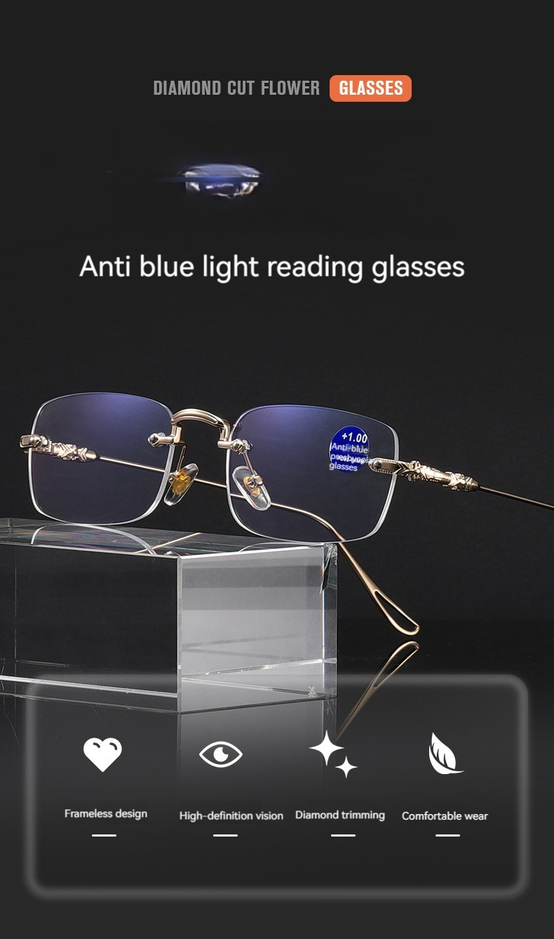 High Quality Fashion square Rhinestone Cut Rimless Presbyopia Metal Anti Blue Light Reading Glasses for Women Men Details and Specifications