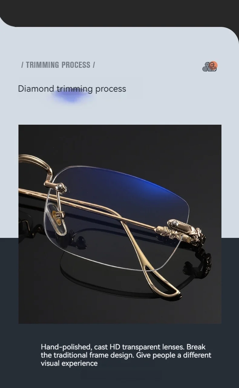 Black Stainless High Quality Fashion square Rhinestone Cut Rimless Presbyopia Metal Anti Blue Light Reading Glasses for Women Men - Details 2