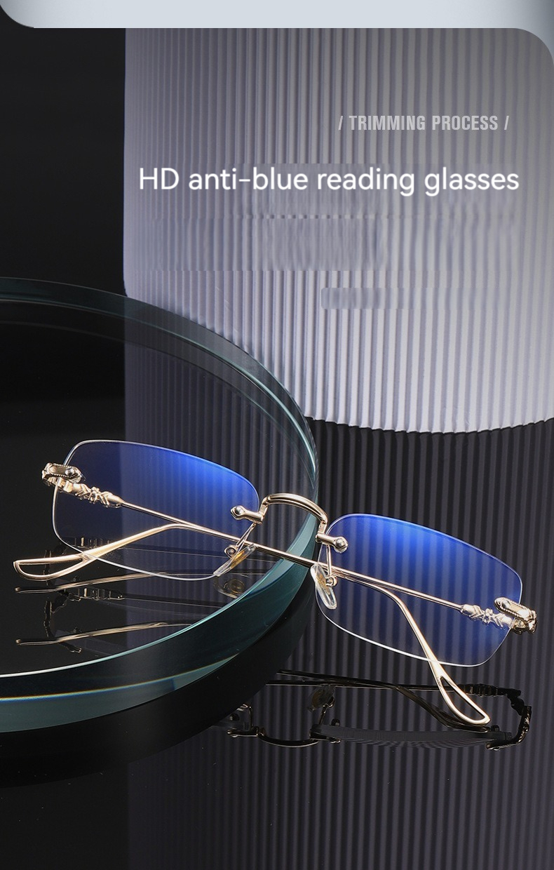 High Quality Fashion square Rhinestone Cut Rimless Presbyopia Metal Anti Blue Light Reading Glasses for Women Men Details and Specifications