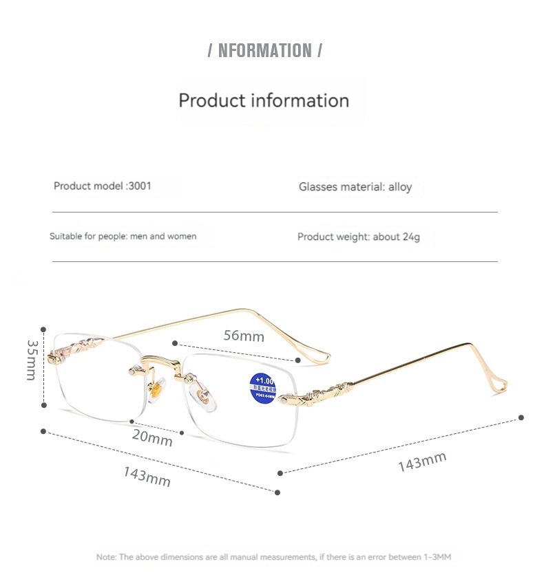 High Quality Fashion square Rhinestone Cut Rimless Presbyopia Metal Anti Blue Light Reading Glasses for Women Men Details and Specifications