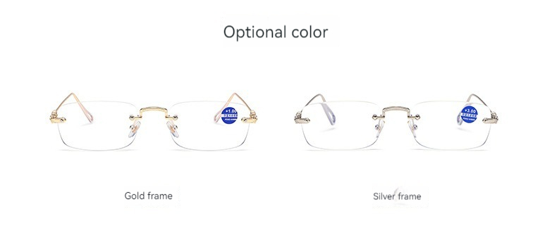 Black Stainless High Quality Fashion square Rhinestone Cut Rimless Presbyopia Metal Anti Blue Light Reading Glasses for Women Men - Details 9