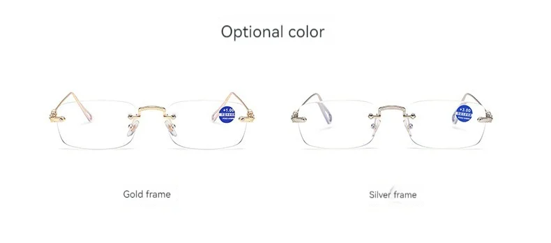 Black Stainless High Quality Fashion square Rhinestone Cut Rimless Presbyopia Metal Anti Blue Light Reading Glasses for Women Men - Details 9