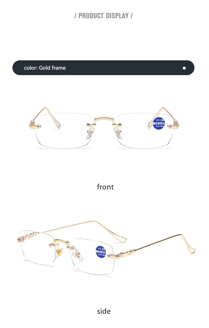 Black Stainless High Quality Fashion square Rhinestone Cut Rimless Presbyopia Metal Anti Blue Light Reading Glasses for Women Men - Details 10