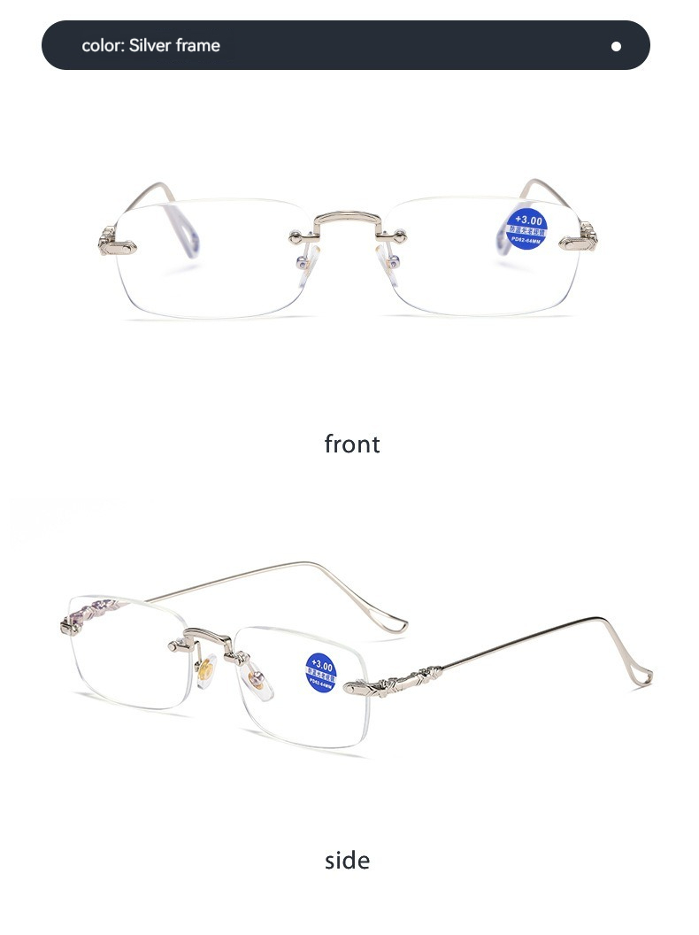 Black Stainless High Quality Fashion square Rhinestone Cut Rimless Presbyopia Metal Anti Blue Light Reading Glasses for Women Men - Details 11