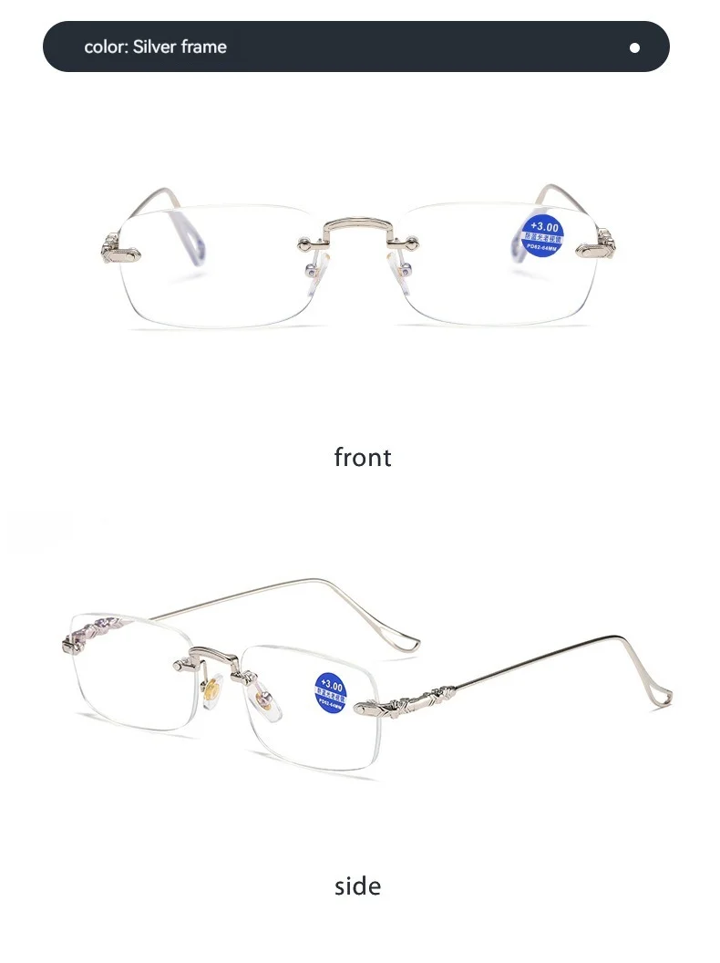 Black Stainless High Quality Fashion square Rhinestone Cut Rimless Presbyopia Metal Anti Blue Light Reading Glasses for Women Men - Details 11