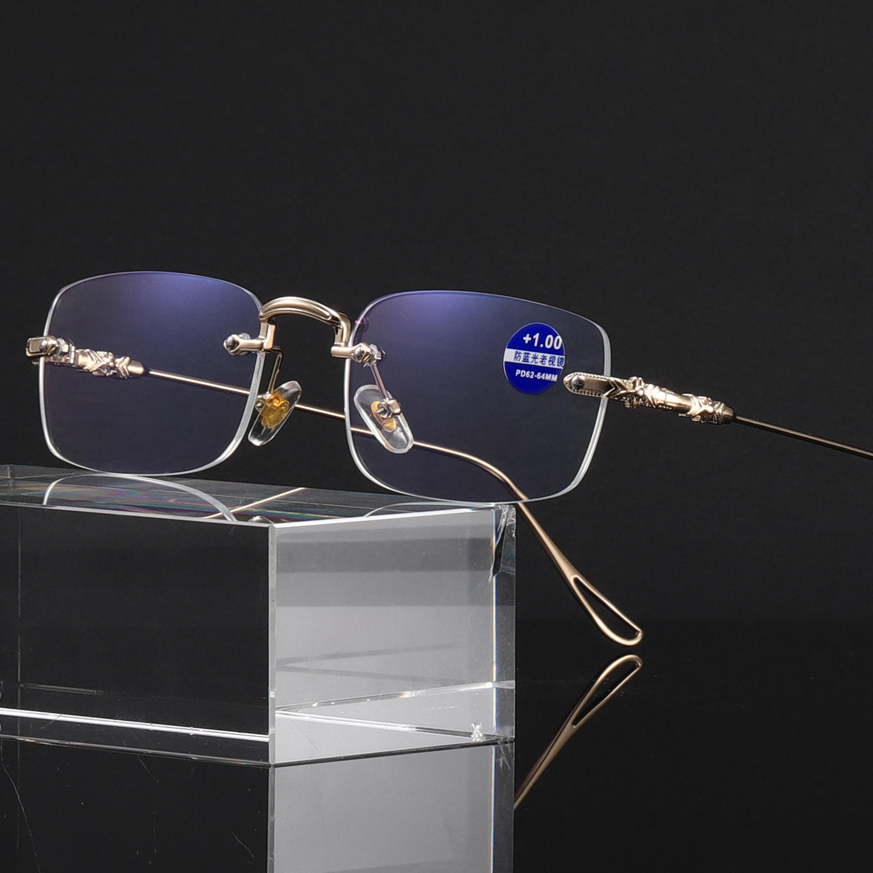 High Quality Fashion square Rhinestone Cut Rimless Presbyopia Metal Anti Blue Light Reading Glasses for Women Men