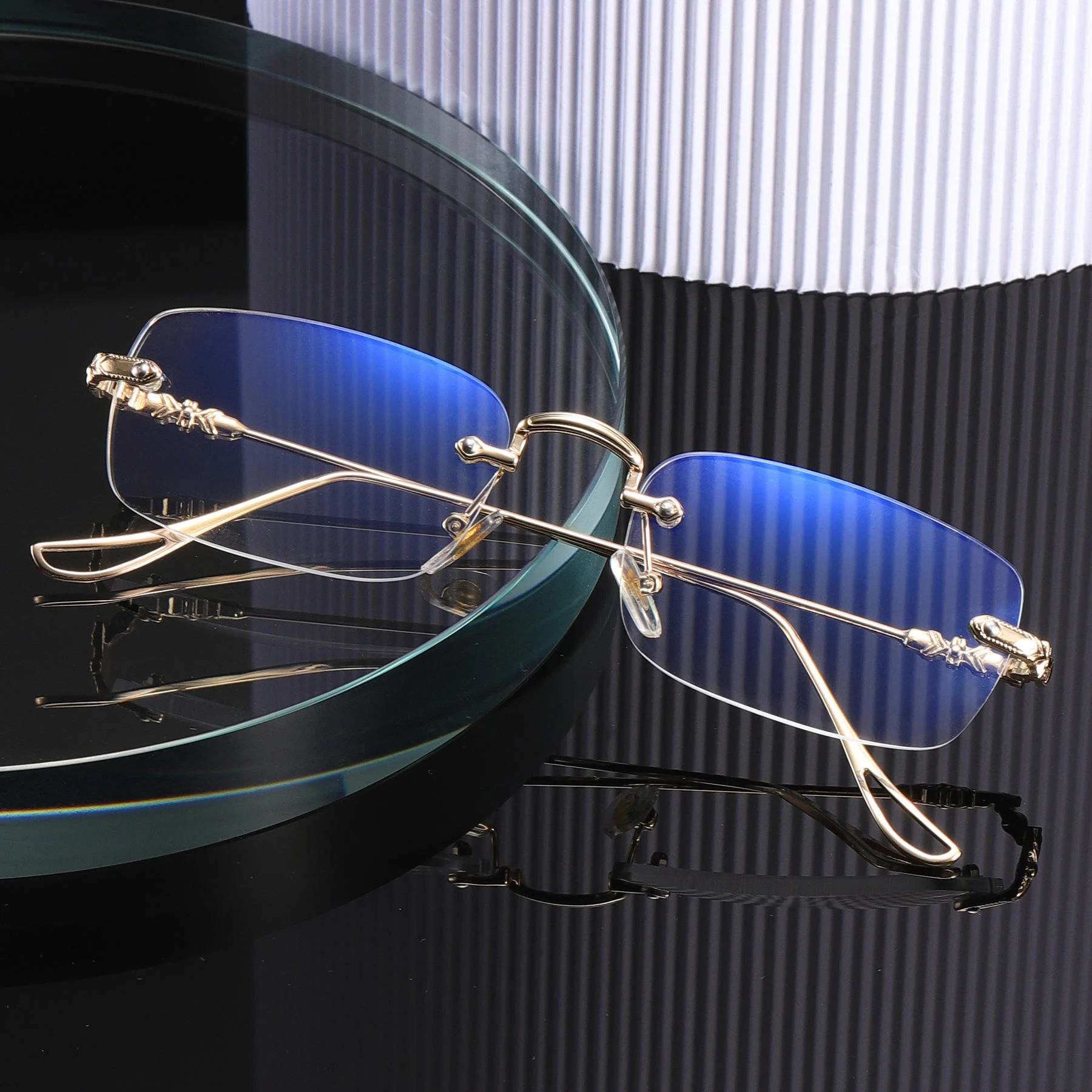 Black Stainless High Quality Fashion square Rhinestone Cut Rimless Presbyopia Metal Anti Blue Light Reading Glasses for Women Men - View 2