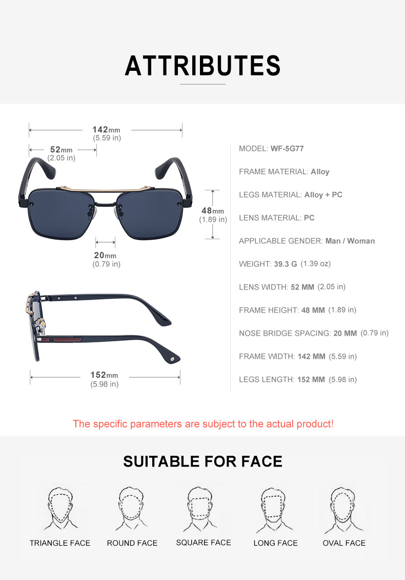 Wholesale Fashion Trendy Metal Double Bridge Frame UV400 Protection Shades Sunglasses for Men Rimless Top Flight Sun Glasses Details and Specifications