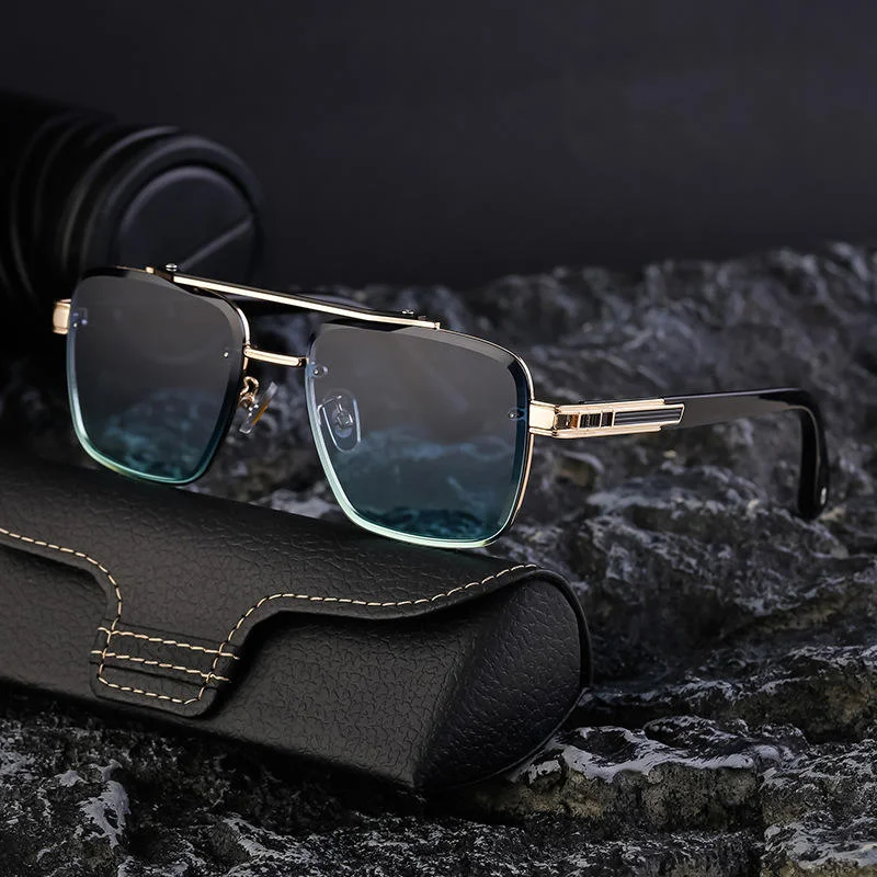 Wholesale Fashion Trendy Metal Double Bridge Frame UV400 Protection Shades Sunglasses for Men Rimless Top Flight Sun Glasses