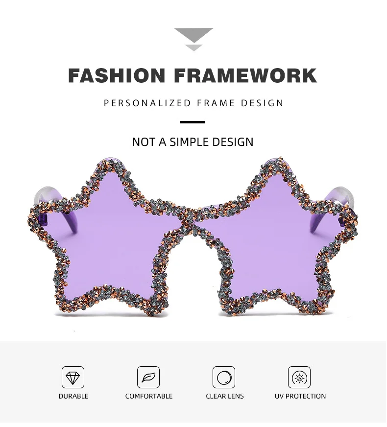 PC+METAL Cute Star Shape Sun Glasses Women Funny Pentagram Eyewear Bling Pink Blue Party Glasses Rimless 2024 New Summer Style Sunglasses - Details 2