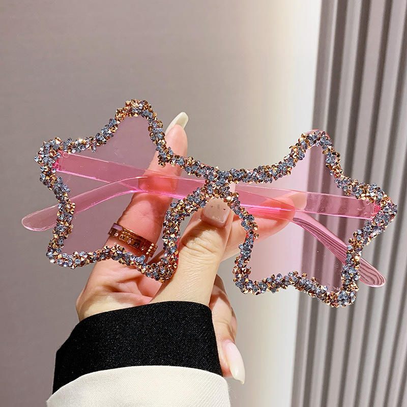 Cute Star Shape Sun Glasses Women Funny Pentagram Eyewear Bling Pink Blue Party Glasses Rimless 2024 New Summer Style Sunglasses Custom Eyewear