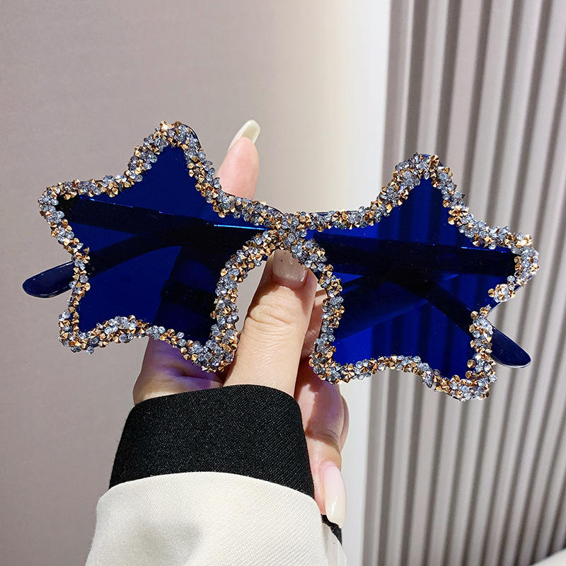 Cute Star Shape Sun Glasses Women Funny Pentagram Eyewear Bling Pink Blue Party Glasses Rimless 2024 New Summer Style Sunglasses Custom Eyewear