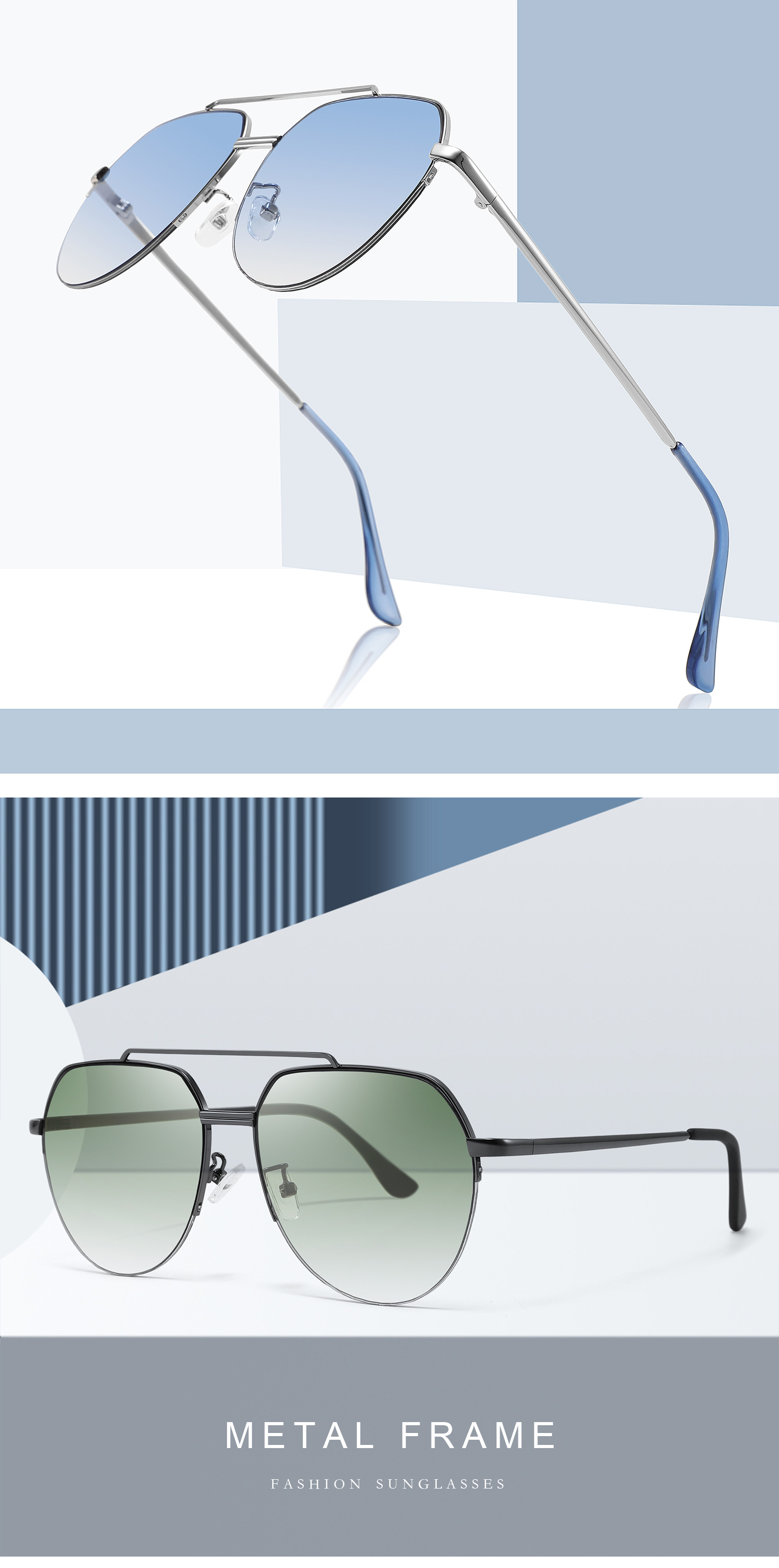 SBlack, Gray, Black Retro Large Metal Frame Polarized Sunglasses Unisex Double Bridge Vintage Oversized Sun Glasses Classic Polarized Sunglasses - Details 1