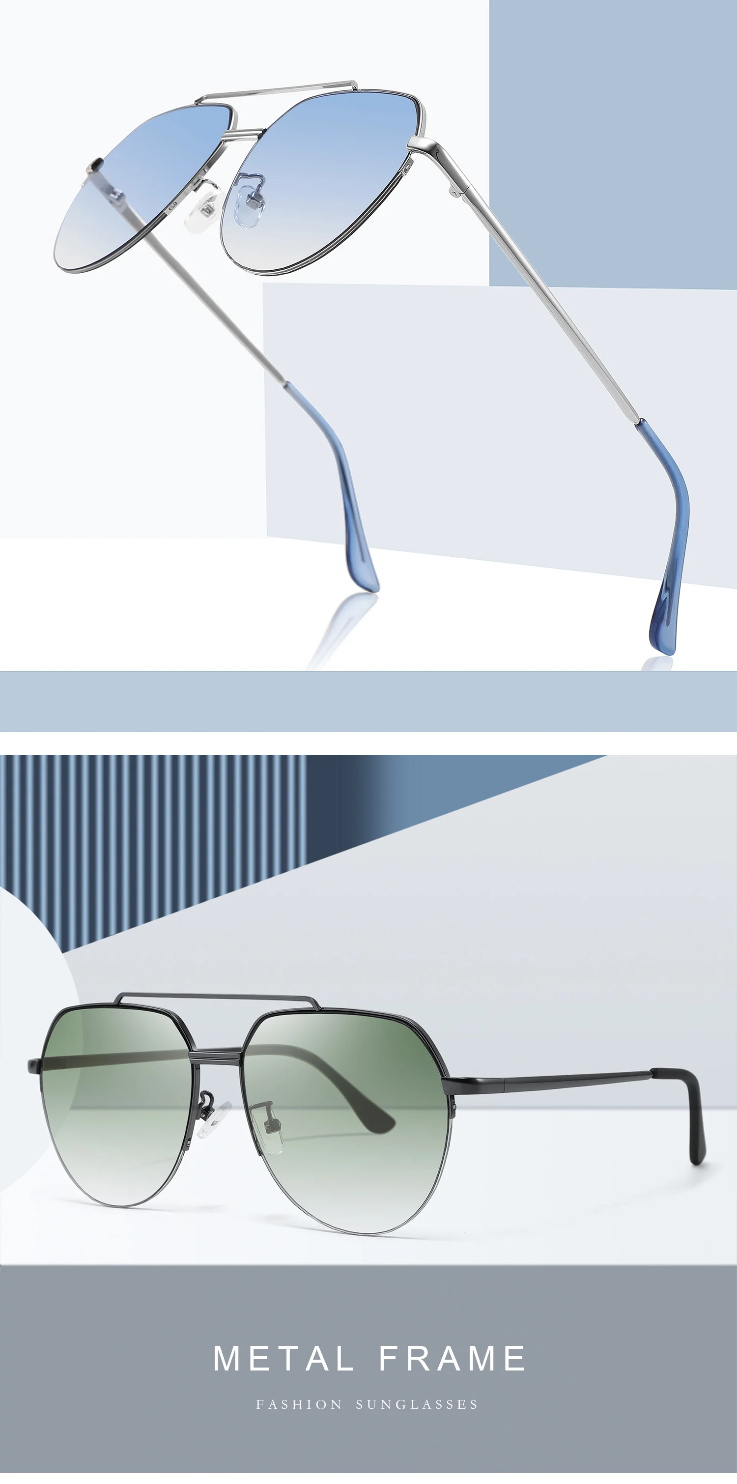 SBlack, Gray, Black Retro Large Metal Frame Polarized Sunglasses Unisex Double Bridge Vintage Oversized Sun Glasses Classic Polarized Sunglasses - Details 1