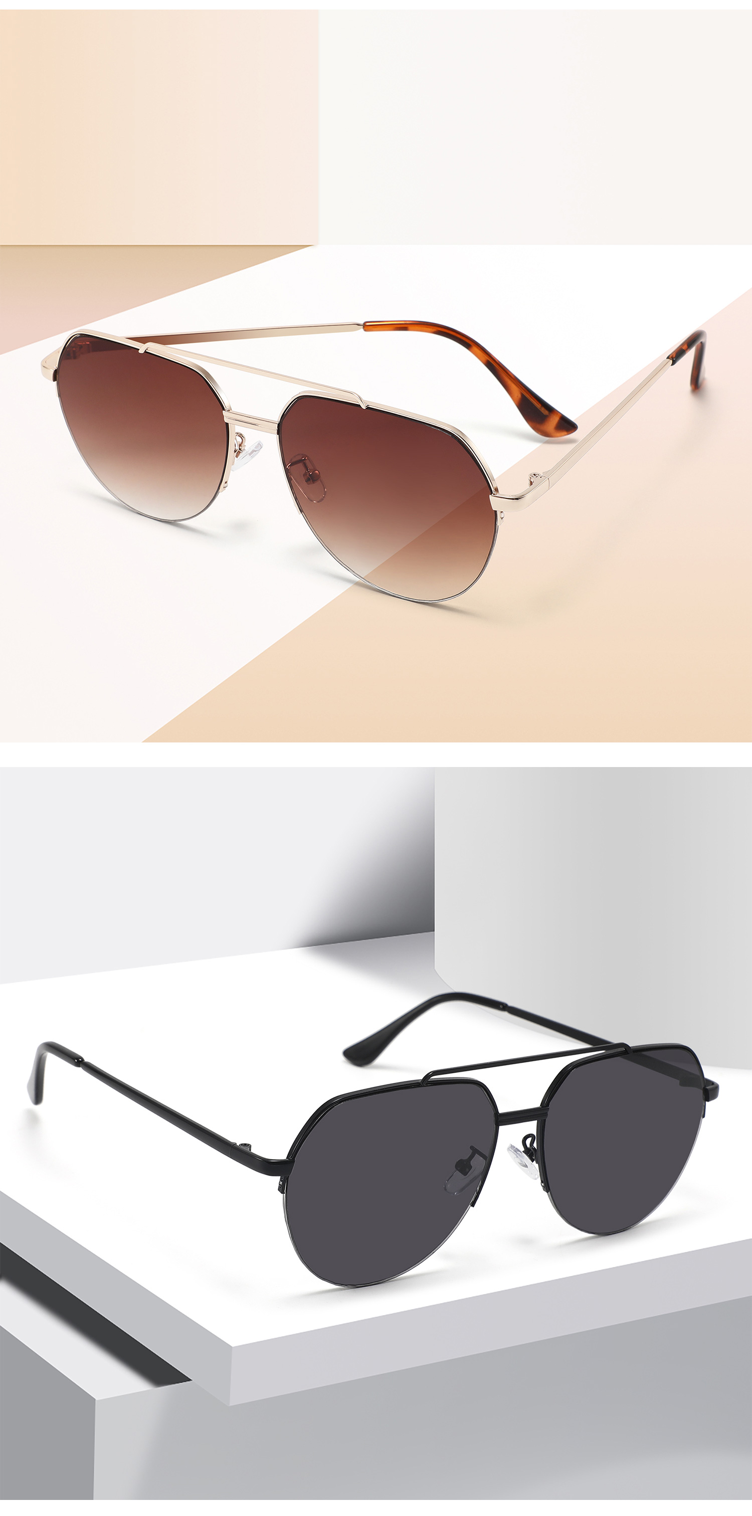 SBlack, Gray, Black Retro Large Metal Frame Polarized Sunglasses Unisex Double Bridge Vintage Oversized Sun Glasses Classic Polarized Sunglasses - Details 2