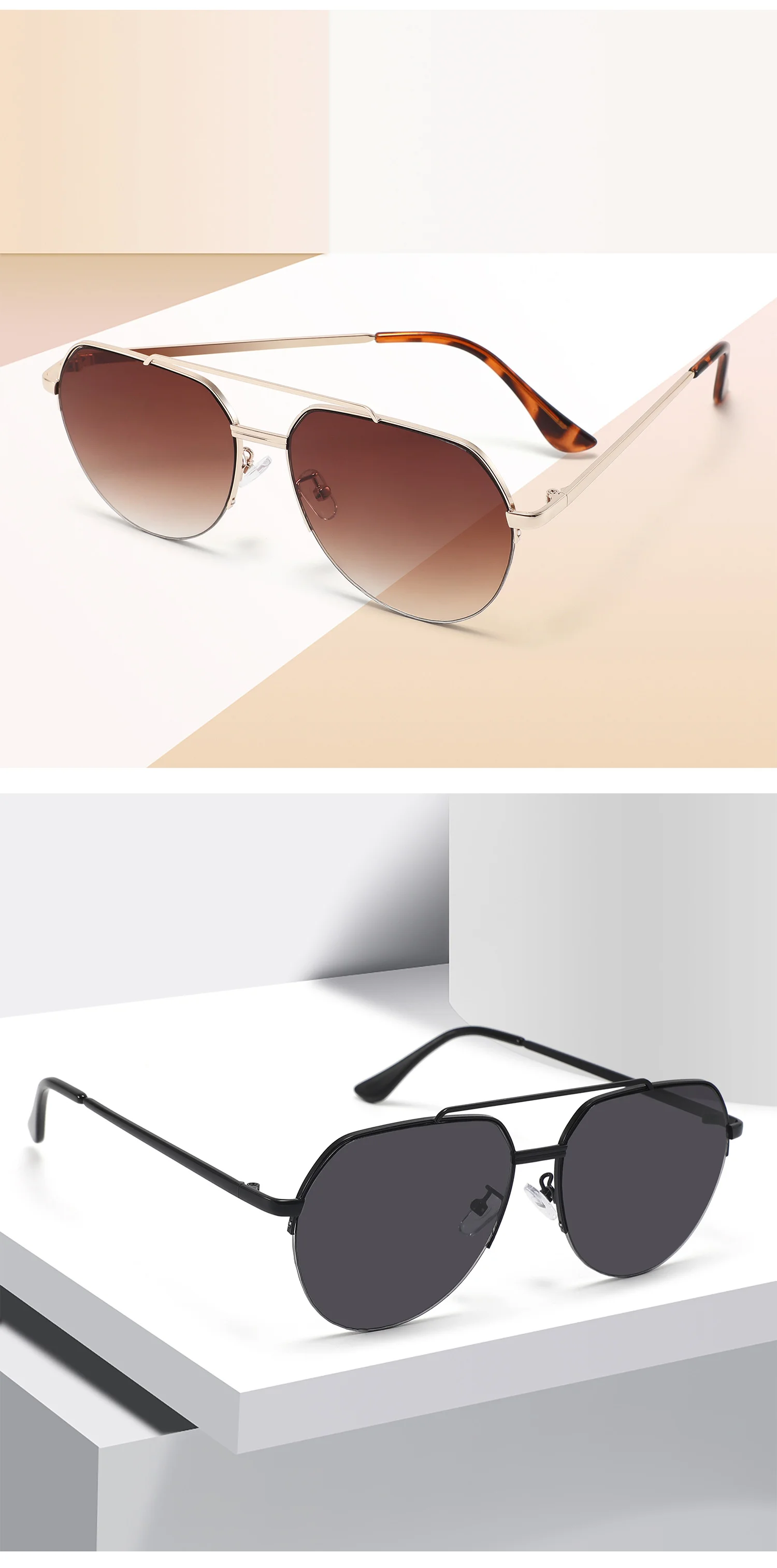 SBlack, Gray, Black Retro Large Metal Frame Polarized Sunglasses Unisex Double Bridge Vintage Oversized Sun Glasses Classic Polarized Sunglasses - Details 2