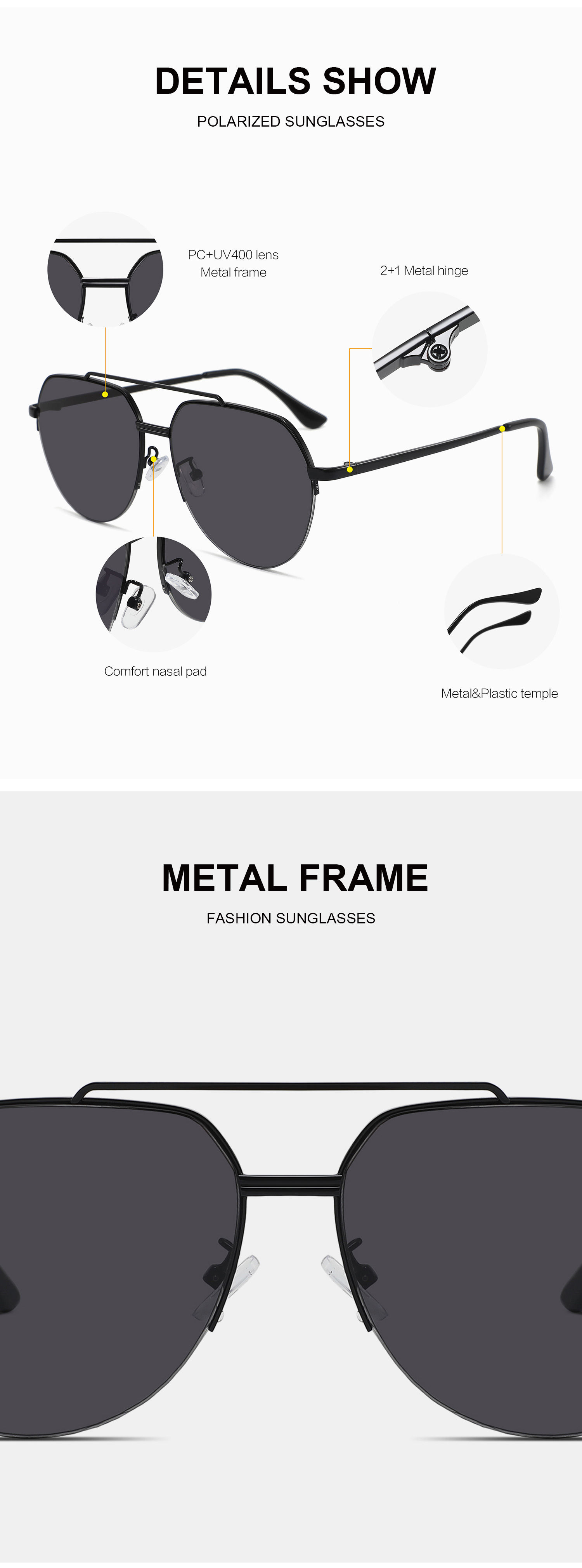 SBlack, Gray, Black Retro Large Metal Frame Polarized Sunglasses Unisex Double Bridge Vintage Oversized Sun Glasses Classic Polarized Sunglasses - Details 4