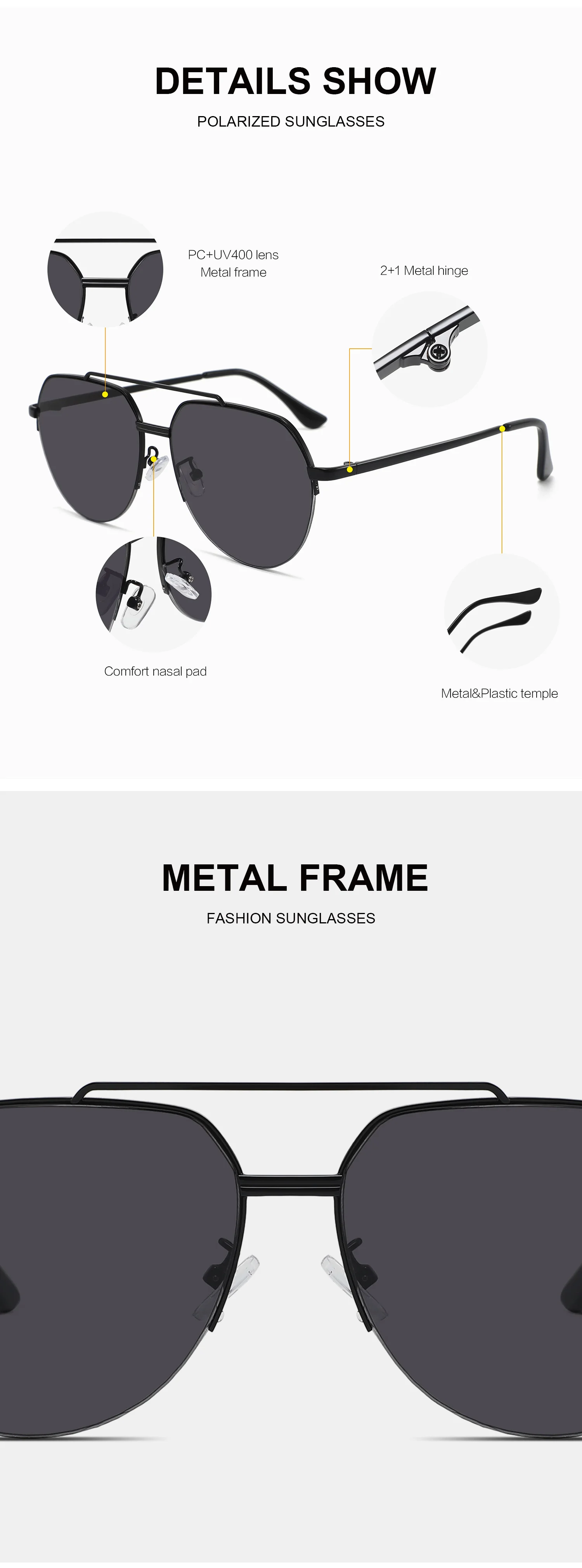 SBlack, Gray, Black Retro Large Metal Frame Polarized Sunglasses Unisex Double Bridge Vintage Oversized Sun Glasses Classic Polarized Sunglasses - Details 4