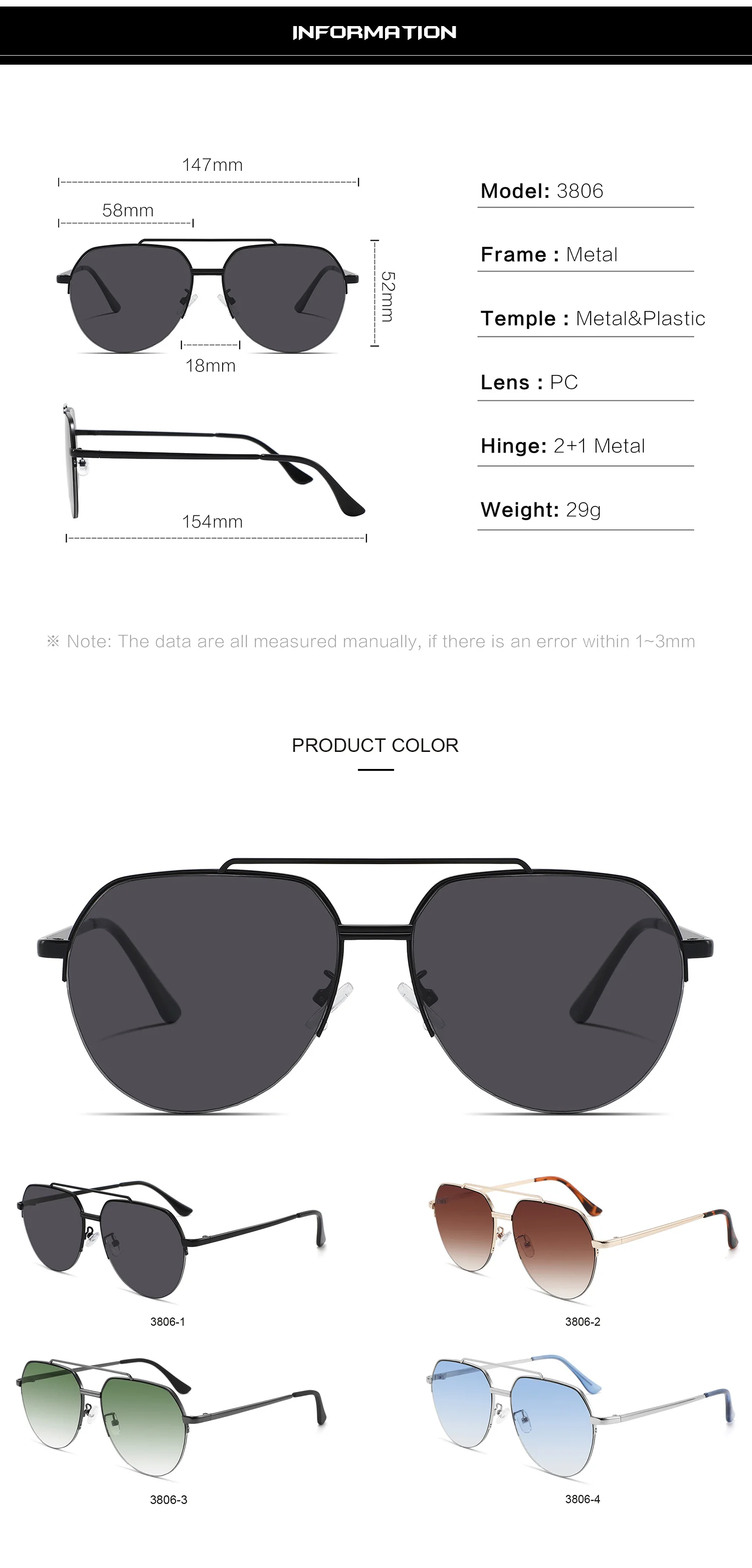 SBlack, Gray, Black Retro Large Metal Frame Polarized Sunglasses Unisex Double Bridge Vintage Oversized Sun Glasses Classic Polarized Sunglasses - Details 5