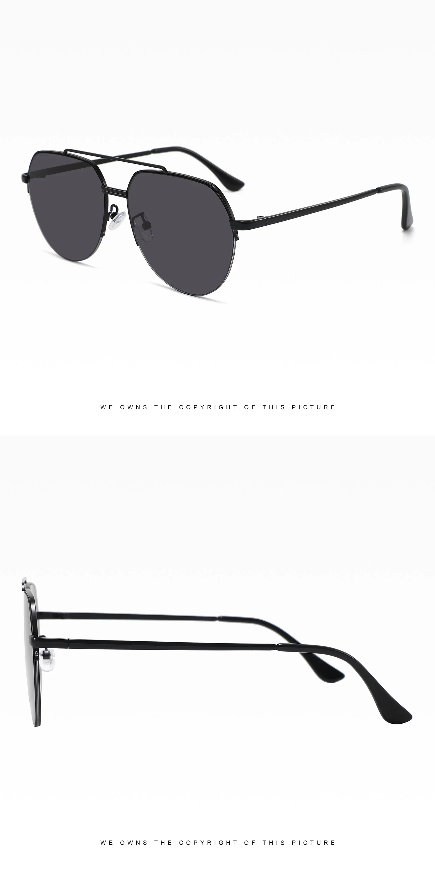 SBlack, Gray, Black Retro Large Metal Frame Polarized Sunglasses Unisex Double Bridge Vintage Oversized Sun Glasses Classic Polarized Sunglasses - Details 7
