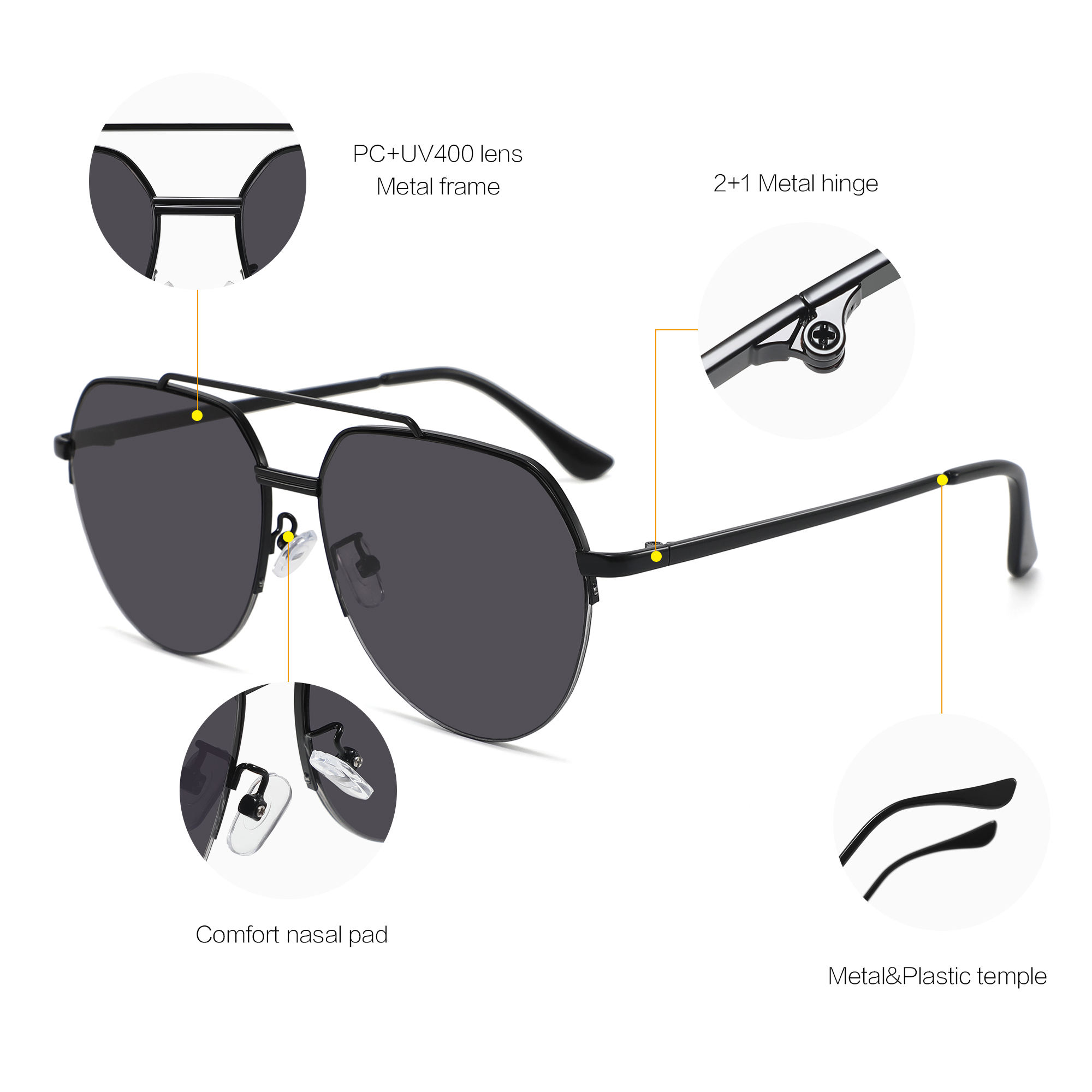 SBlack, Gray, Black Retro Large Metal Frame Polarized Sunglasses Unisex Double Bridge Vintage Oversized Sun Glasses Classic Polarized Sunglasses - View 4