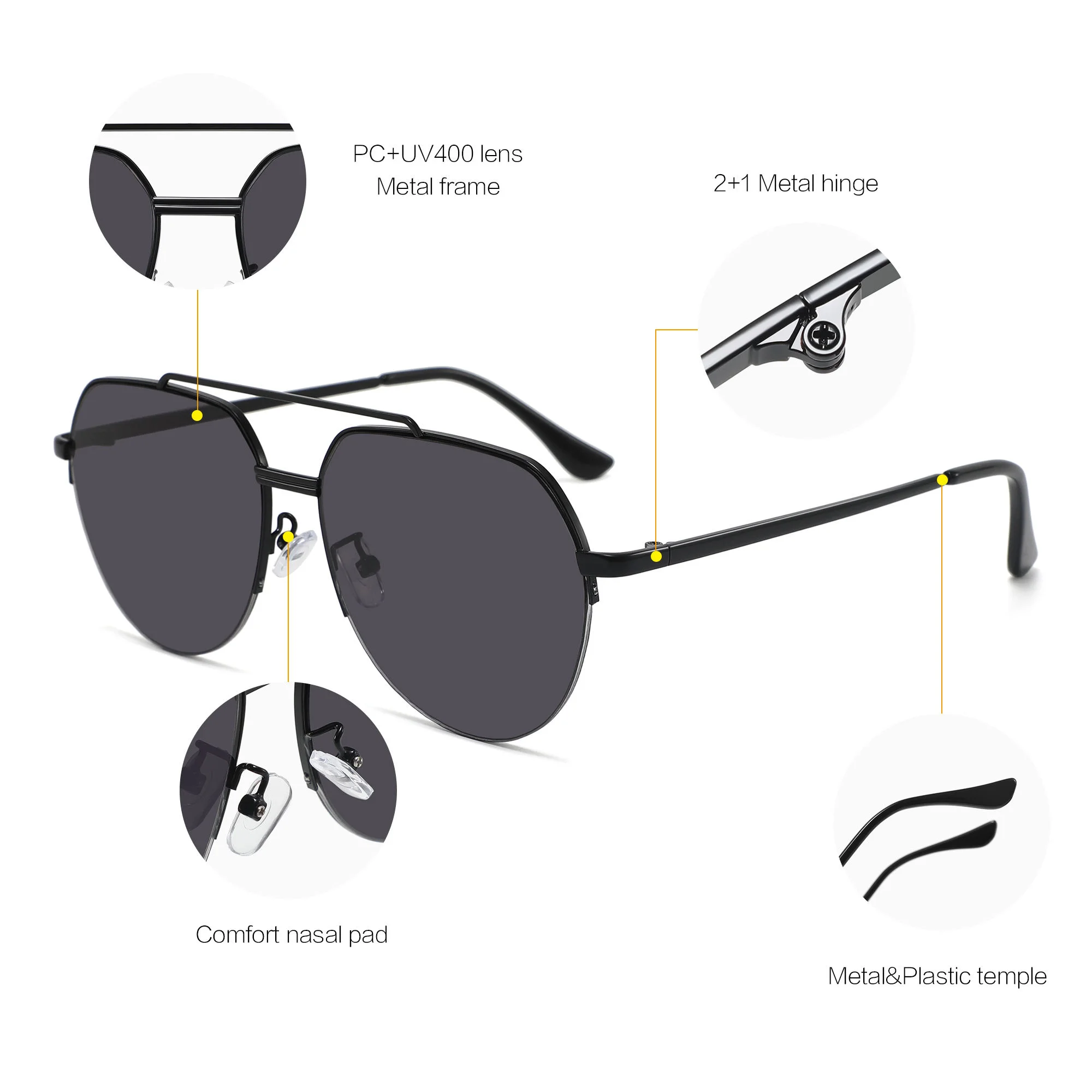 SBlack, Gray, Black Retro Large Metal Frame Polarized Sunglasses Unisex Double Bridge Vintage Oversized Sun Glasses Classic Polarized Sunglasses - View 4