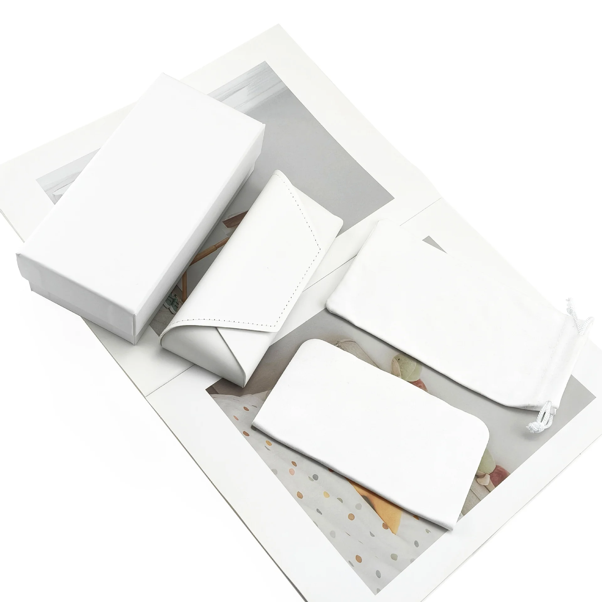 White Leather Minimalist White Leather Glasses Case Set — 4-Piece Premium Portable Eyewear Pouch with Lid-and-Base Box, Custom Logo Available - View 7