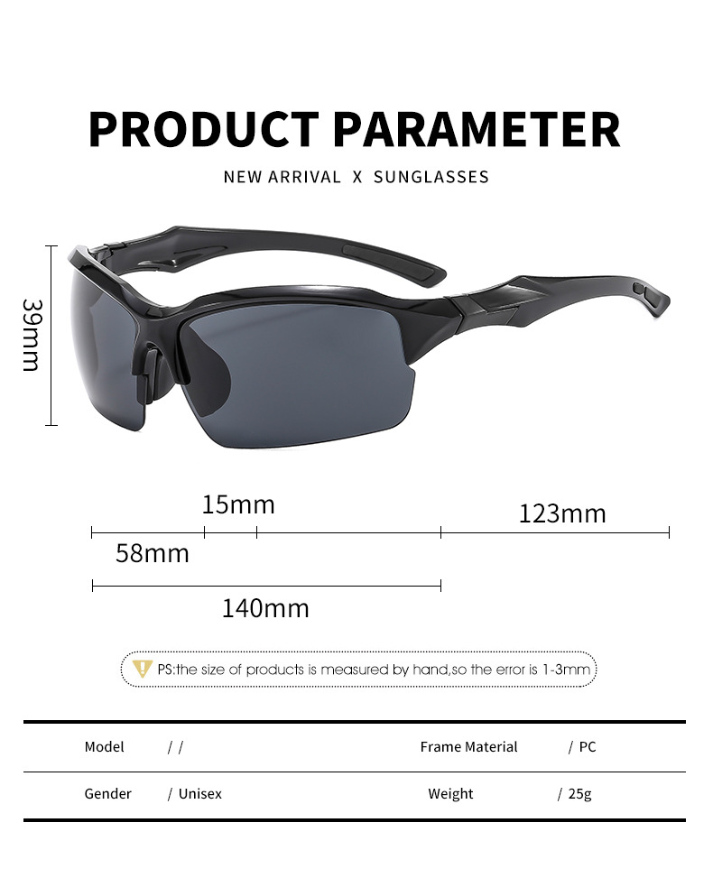 Black PC (Polycarbonate) Trendy Sports Sunglasses - UV Protection for Driving and Running / $0.93 per pair (Wholesale Price) - Details 1