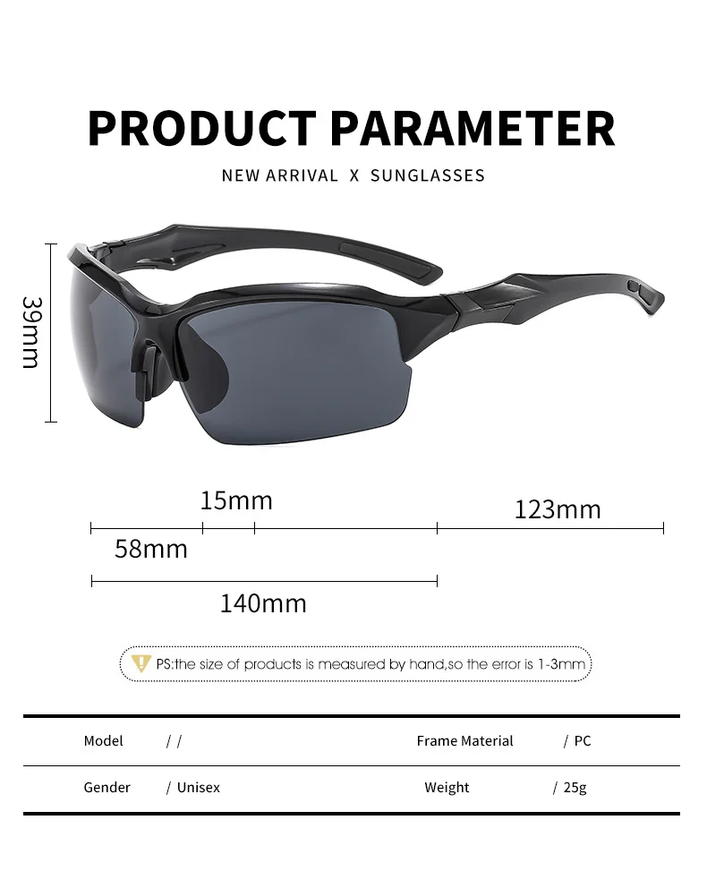 Black PC (Polycarbonate) Trendy Sports Sunglasses - UV Protection for Driving and Running / $0.93 per pair (Wholesale Price) - Details 1
