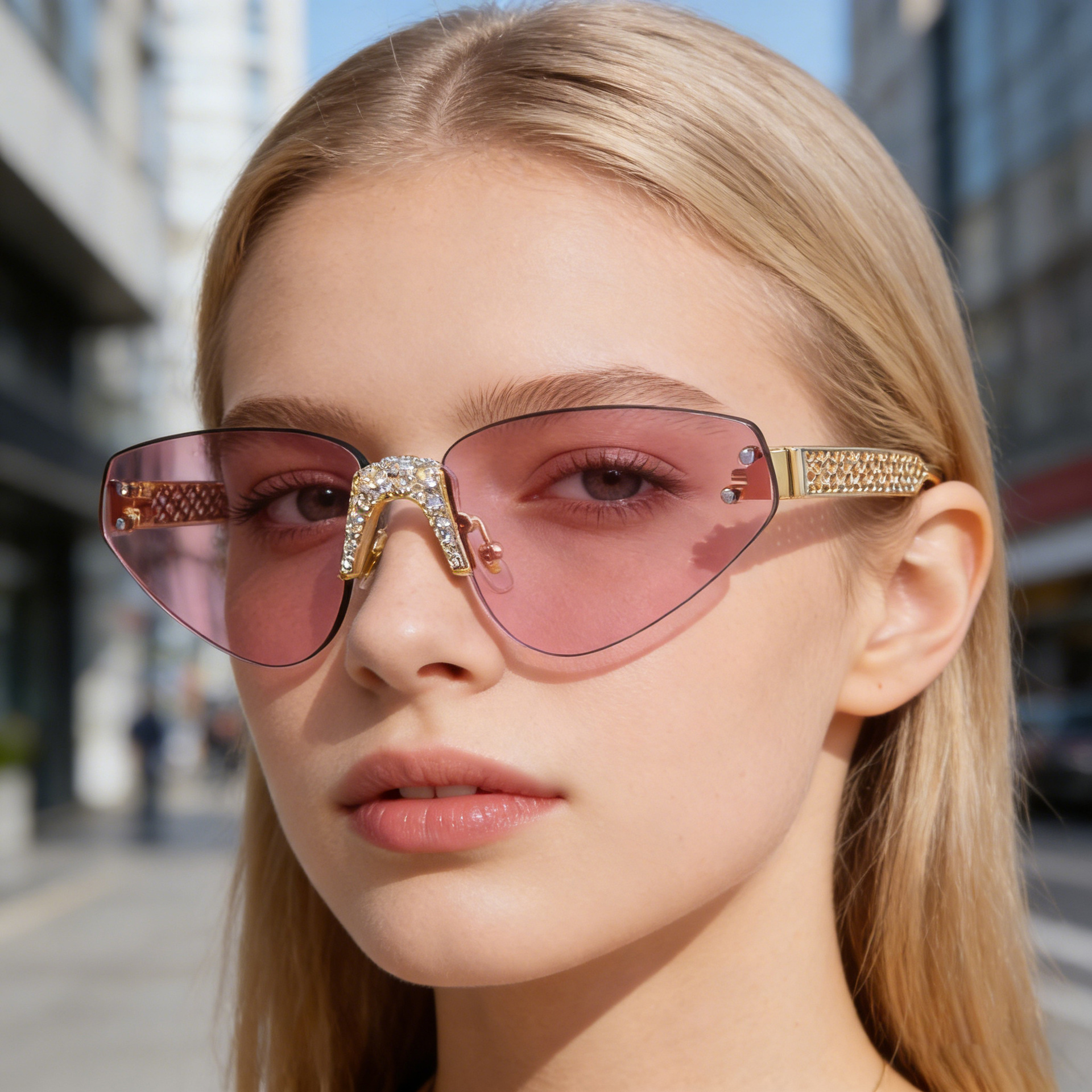 Black PC Women's Fashion Rimless Sunglasses with Rhinestones - Outdoor Street Style UV400 Shades Wholesale - Details 1