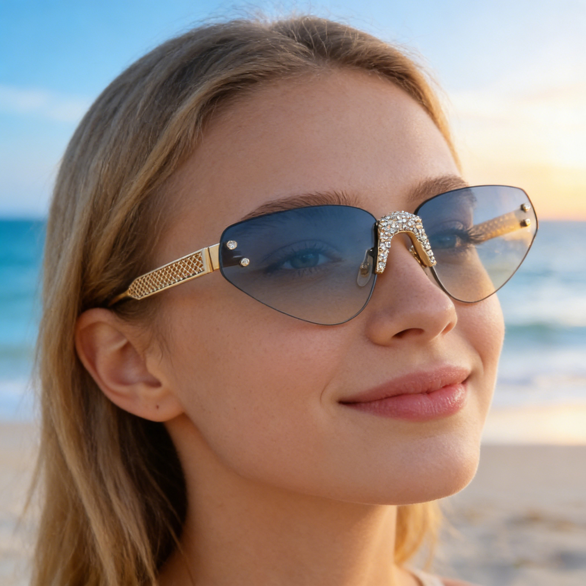 Black PC Women's Fashion Rimless Sunglasses with Rhinestones - Outdoor Street Style UV400 Shades Wholesale - Details 2