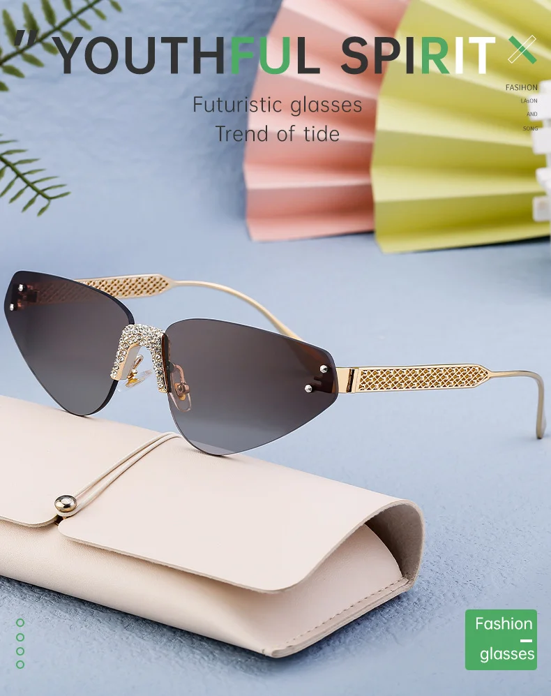 Black PC Women's Fashion Rimless Sunglasses with Rhinestones - Outdoor Street Style UV400 Shades Wholesale - Details 5