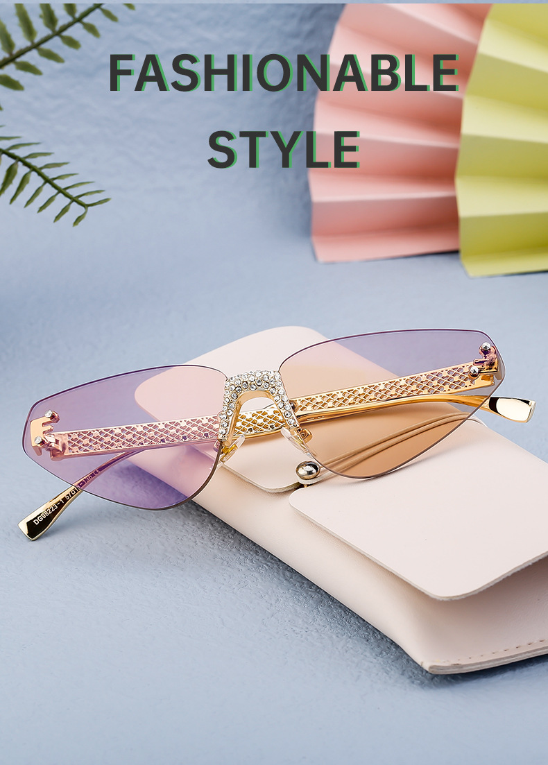 Black PC Women's Fashion Rimless Sunglasses with Rhinestones - Outdoor Street Style UV400 Shades Wholesale - Details 6