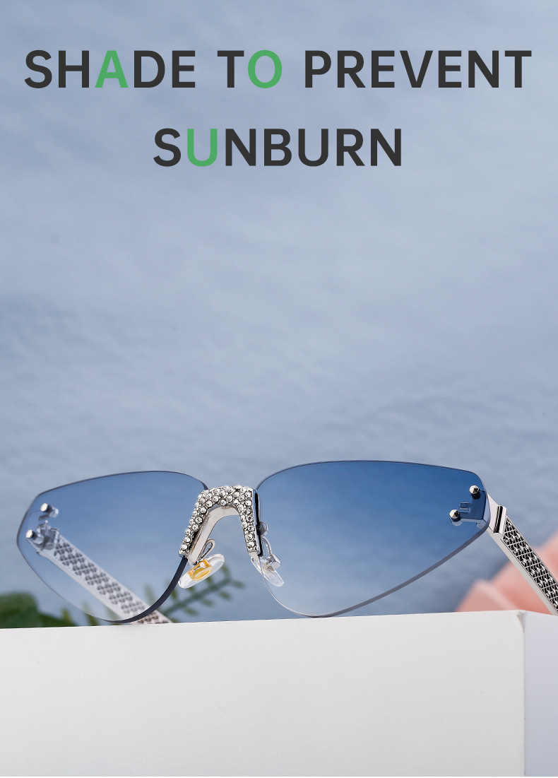 Black PC Women's Fashion Rimless Sunglasses with Rhinestones - Outdoor Street Style UV400 Shades Wholesale - Details 7