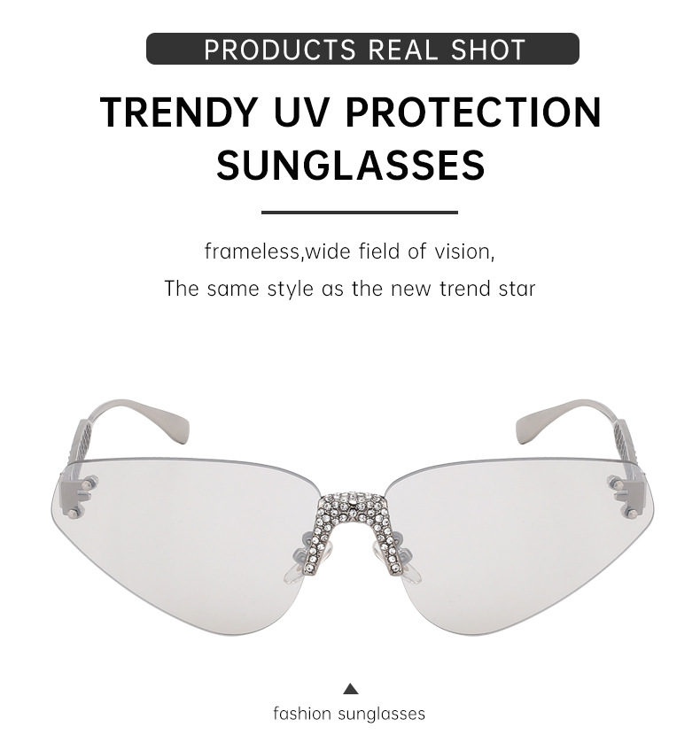 Black PC Women's Fashion Rimless Sunglasses with Rhinestones - Outdoor Street Style UV400 Shades Wholesale - Details 9