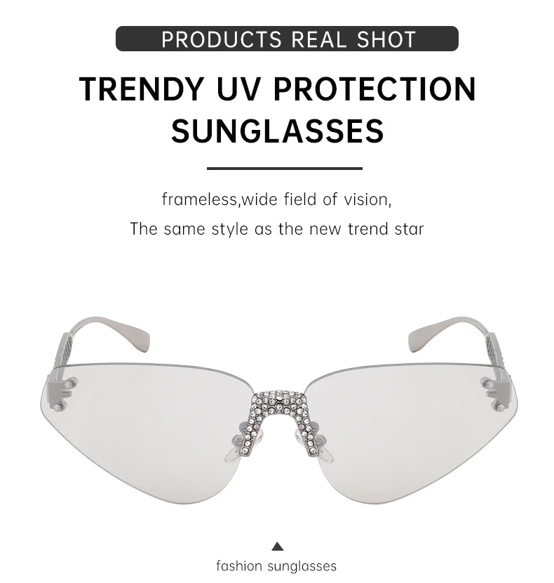 Black PC Women's Fashion Rimless Sunglasses with Rhinestones - Outdoor Street Style UV400 Shades Wholesale - Details 9