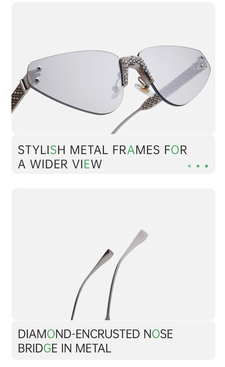 Black PC Women's Fashion Rimless Sunglasses with Rhinestones - Outdoor Street Style UV400 Shades Wholesale - Details 10